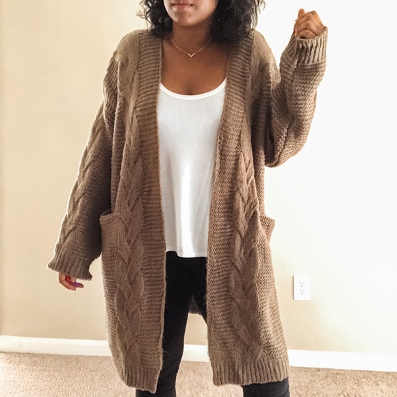 Taupe Olive Knit Oversized Open Sweater Cardigan - Picture 2 of 7